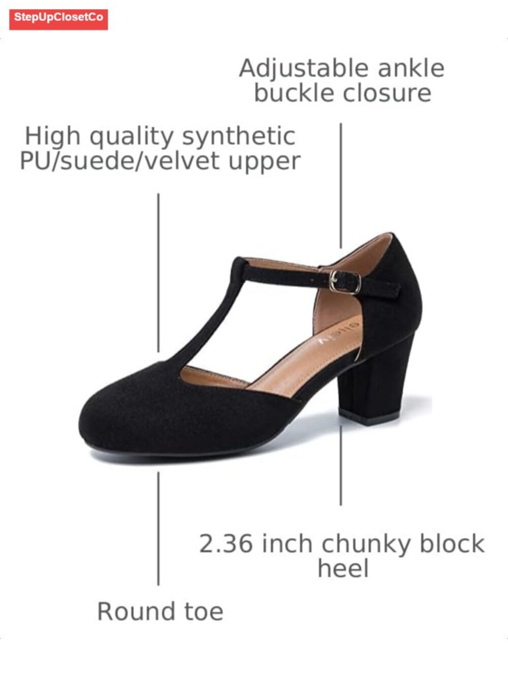 Women's T-Strap Mary Jane Pumps, Block Heel, Closed Toe Dress Shoes with Buckle - Picture 2 of 6